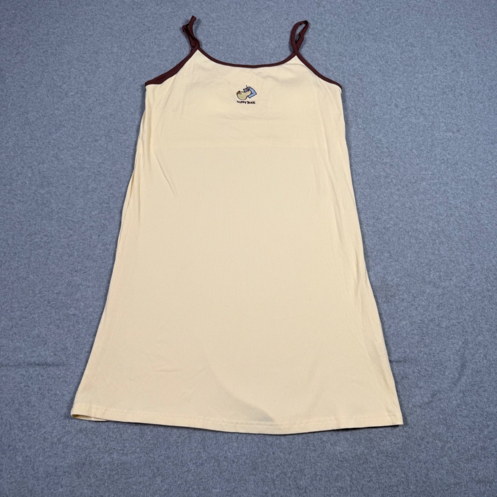 Sanfu Cream Ribbed Knit Happy Duck Embroidered Camisole Mini Dress Brown Trim M